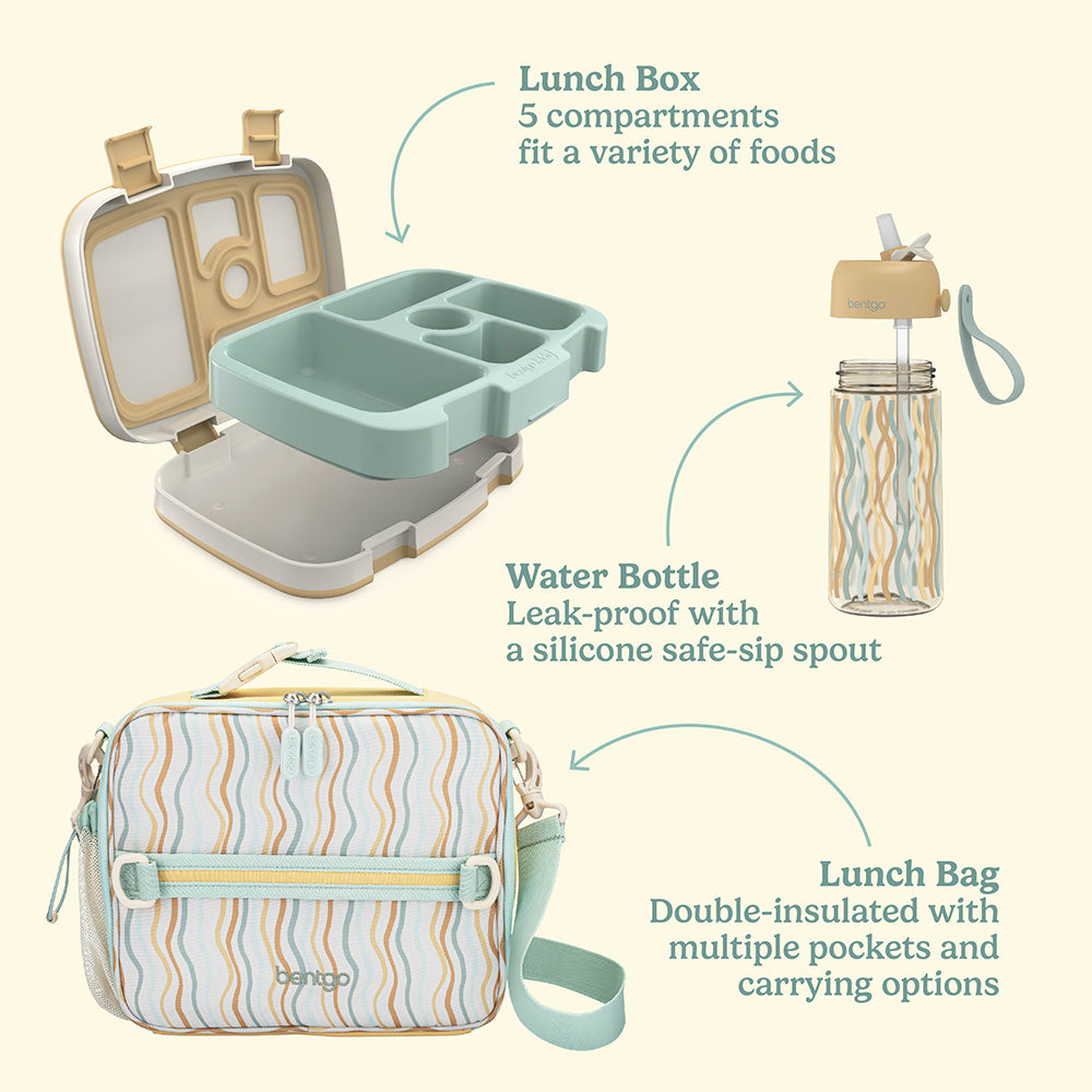 Bentgo Kids Whimsy & Wonder Prints Pack  - Wavy | Lunch Box And Water Bottle Dimensions + What’s In The Box