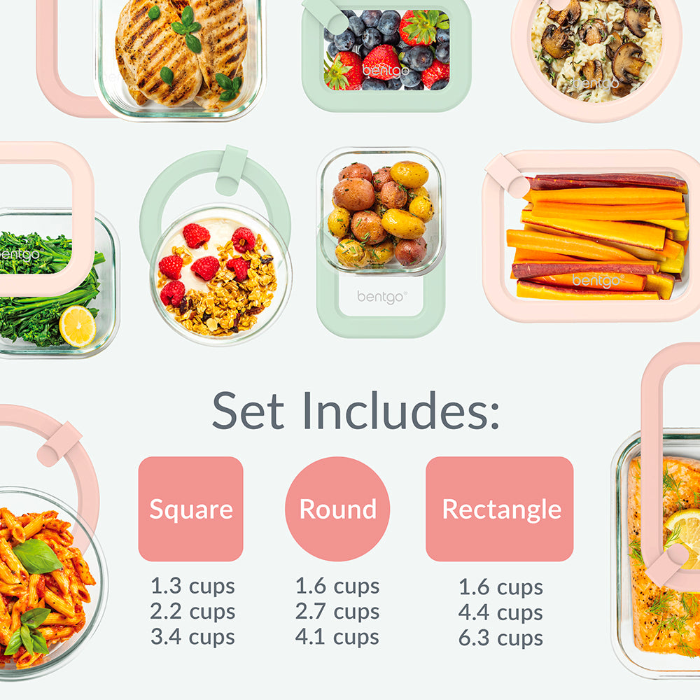 Bentgo Signature Glass Food Storage Set (18-pcs)  - Desert Sage | Dimensions + What’s In The Box