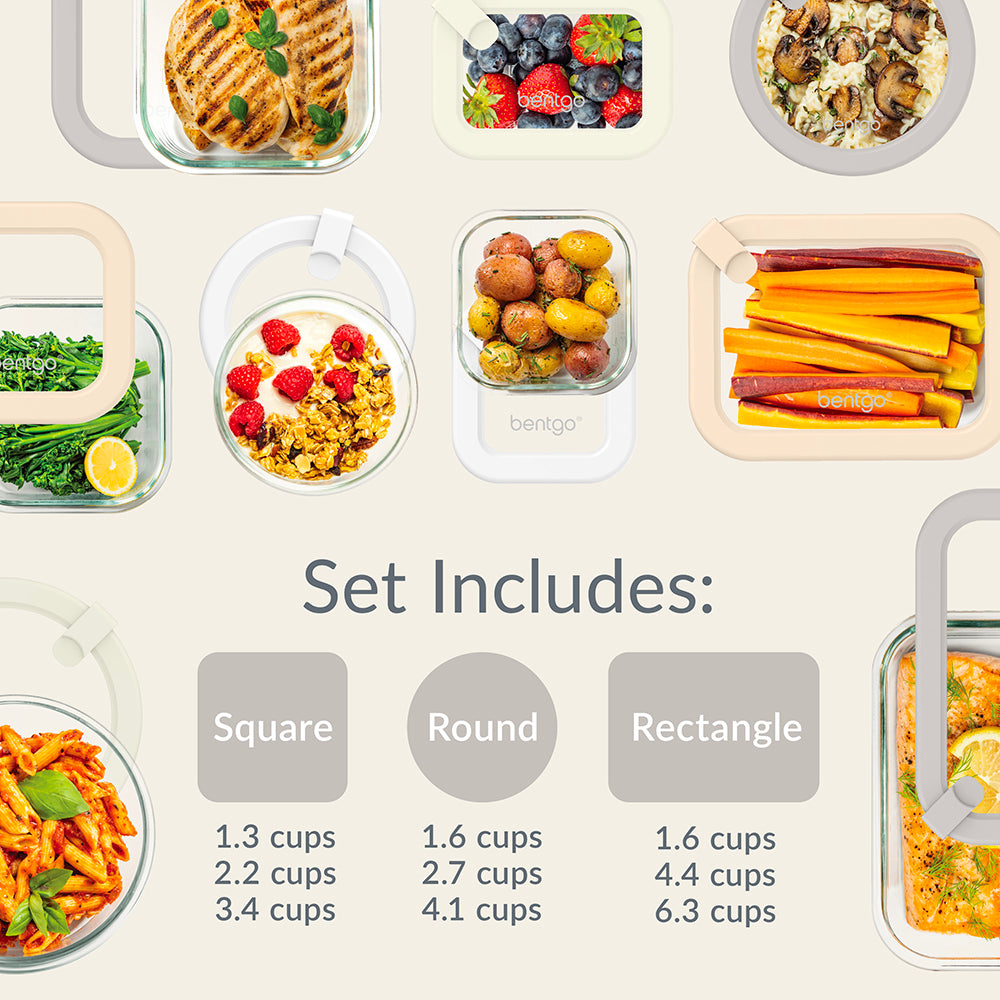 Bentgo Signature Glass Food Storage Set (18-Piece) - White Stone | Dimensions + What’s In The Box