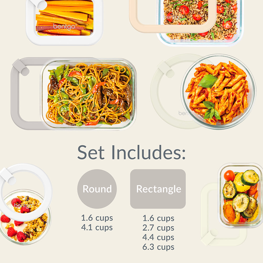 Bentgo Signature Glass Food Storage Set (12-pcs)  - White Stone | Dimensions + What’s In The Box