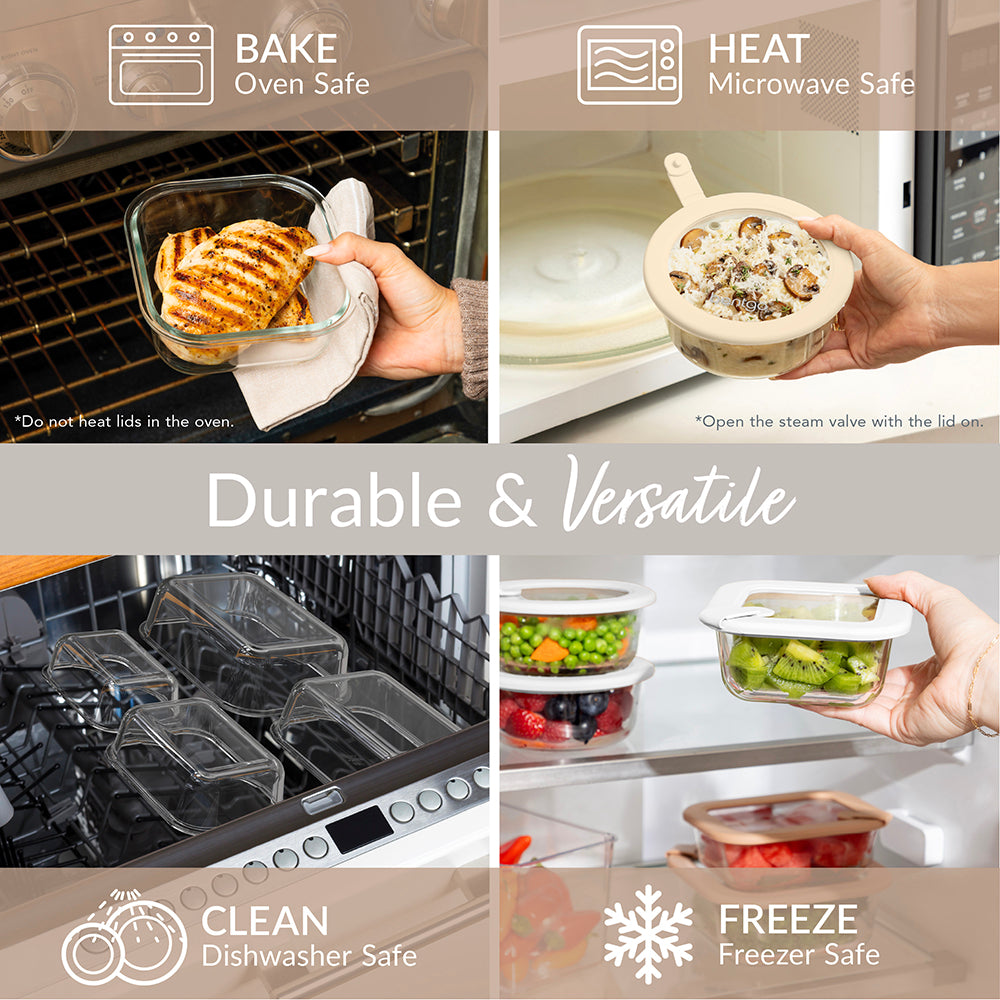 Bentgo Signature Glass Food Storage Set (8-pcs)  - White Stone | Durable & Versatile - Oven-Safe, Microwave Safe, Freezer Safe, And Dishwasher Safe