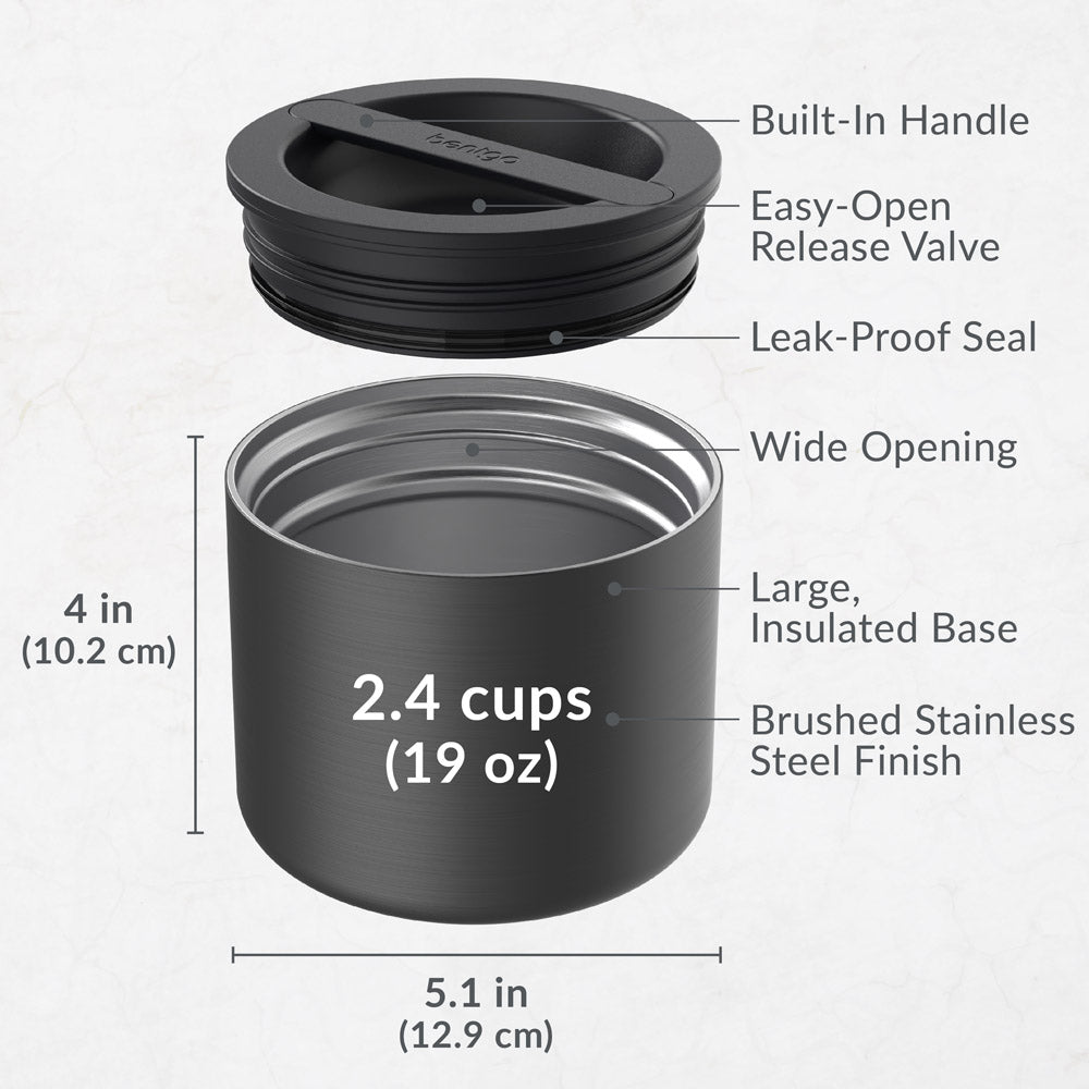 Bentgo® Stainless Steel Insulated Food Container - Carbon Black | Includes Built-In Handle, Easy-Open Release Valve, Leak-Proof Seal, Wide Opening, Large, Insulated Base, And Brushed Stainless Steel Finish