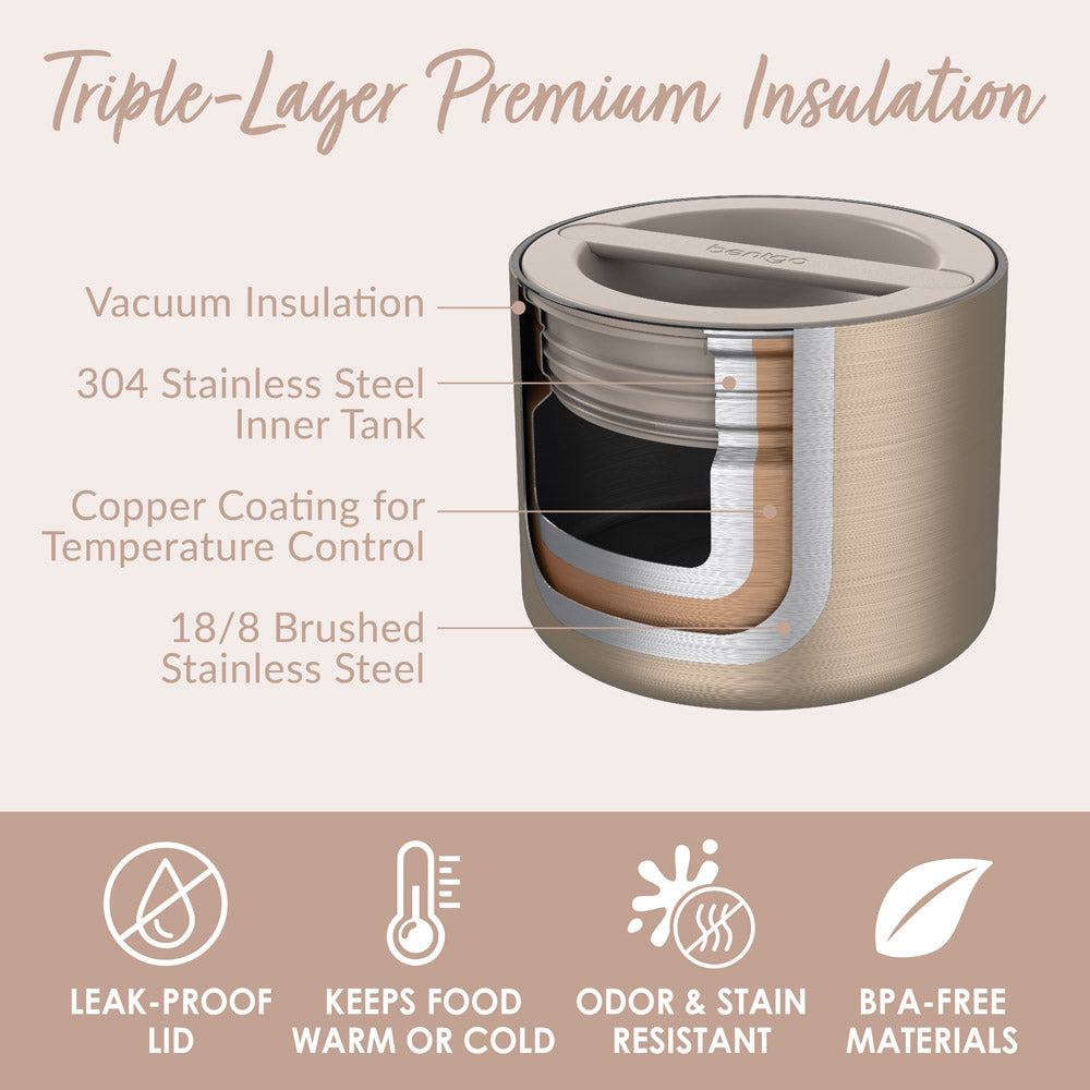 Bentgo® Stainless Steel Insulated Food Container - Gold | Triple-Layer Premium Insulation - Leak-Proof Lid, Keeps Food Warm Or Cold, Odor & Stain Resistant, And Made With BPA-Free Materials