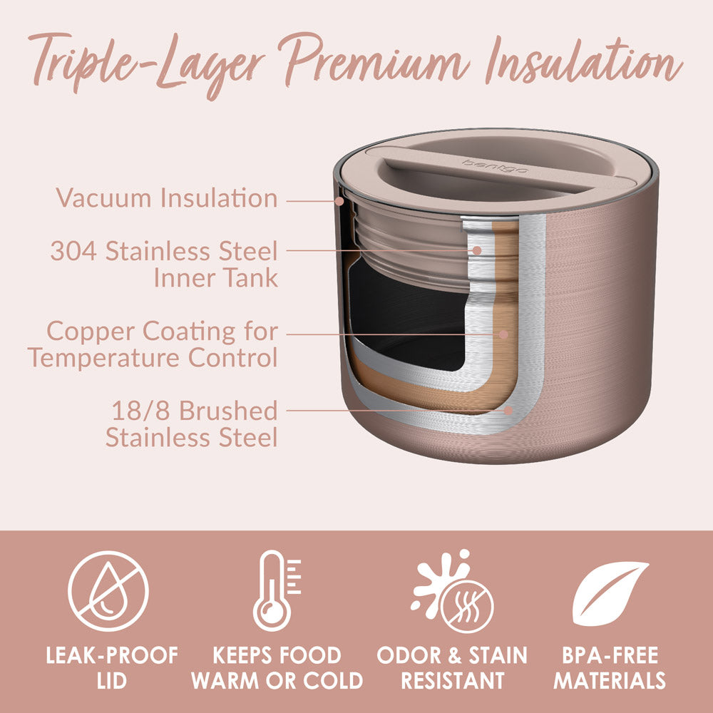 Bentgo® Stainless Steel Insulated Food Container - Rose Gold | Triple-Layer Premium Insulation - Leak-Proof Lid, Keeps Food Warm Or Cold, Odor & Stain Resistant, And Made With BPA-Free Materials