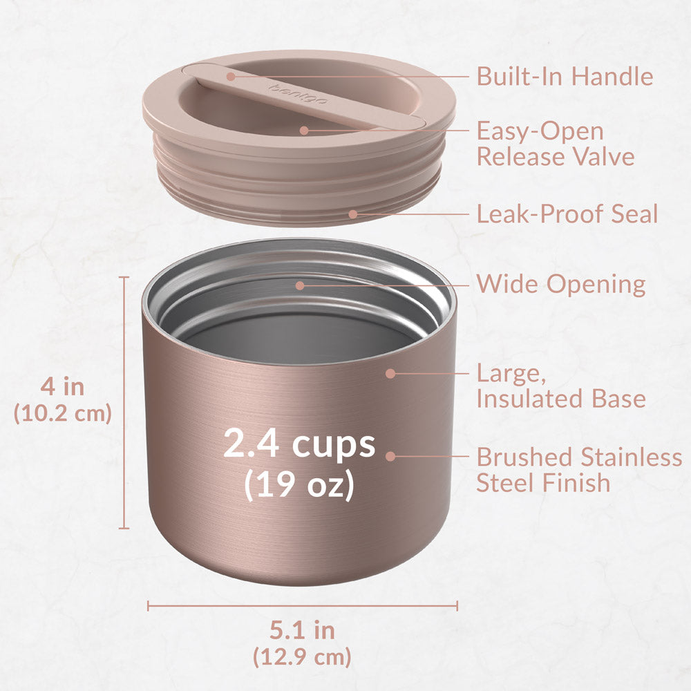 Bentgo® Stainless Steel Insulated Food Container - Rose Gold | Includes Built-In Handle, Easy-Open Release Valve, Leak-Proof Seal, Wide Opening, Large, Insulated Base, And Brushed Stainless Steel Finish