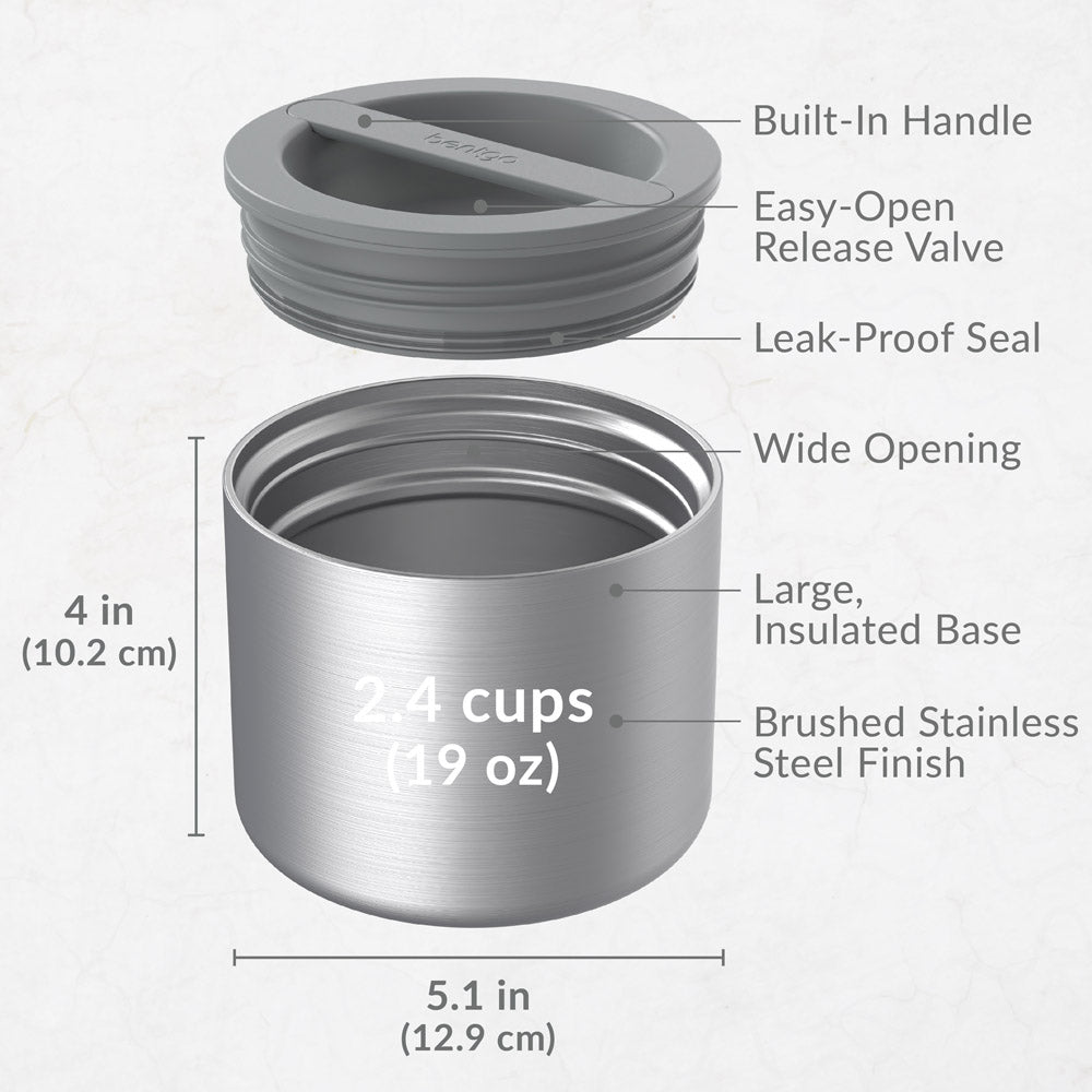 Bentgo® Stainless Steel Insulated Food Container - Stainless Steel | Includes Built-In Handle, Easy-Open Release Valve, Leak-Proof Seal, Wide Opening, Large, Insulated Base, And Brushed Stainless Steel Finish