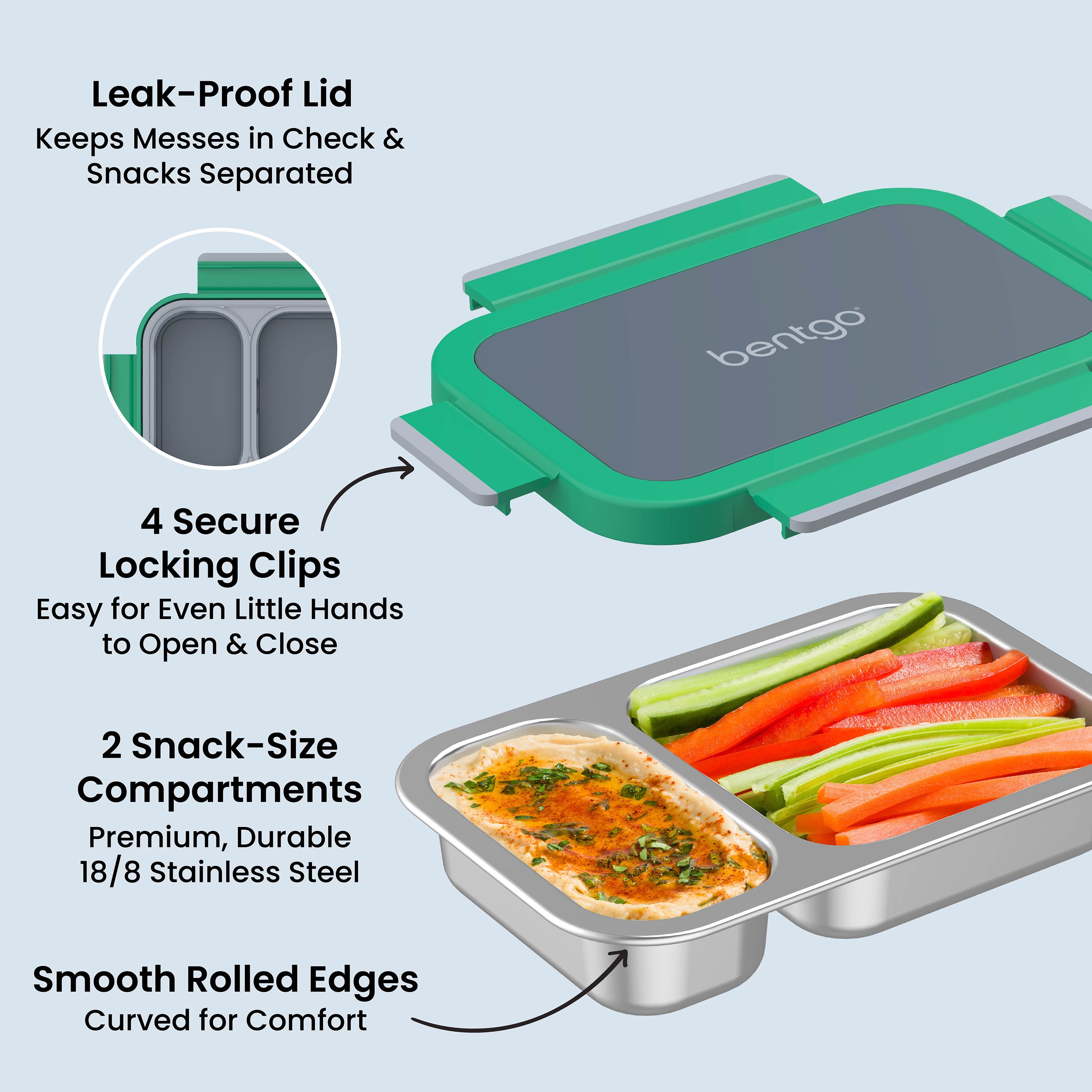 Bentgo Stainless Steel Snack Box - Gray Leaf | Leak-Proof Lid - Keeps Messes In Check & Snacks Separated, 4 Secure Locking Clips - Easy For Even Little Hands To Open & Close, 2 Snack-Size Compartments - Premium, Durable 18/8 Stainless Steel, And Smooth Rolled Edges  - Curved For Comfort