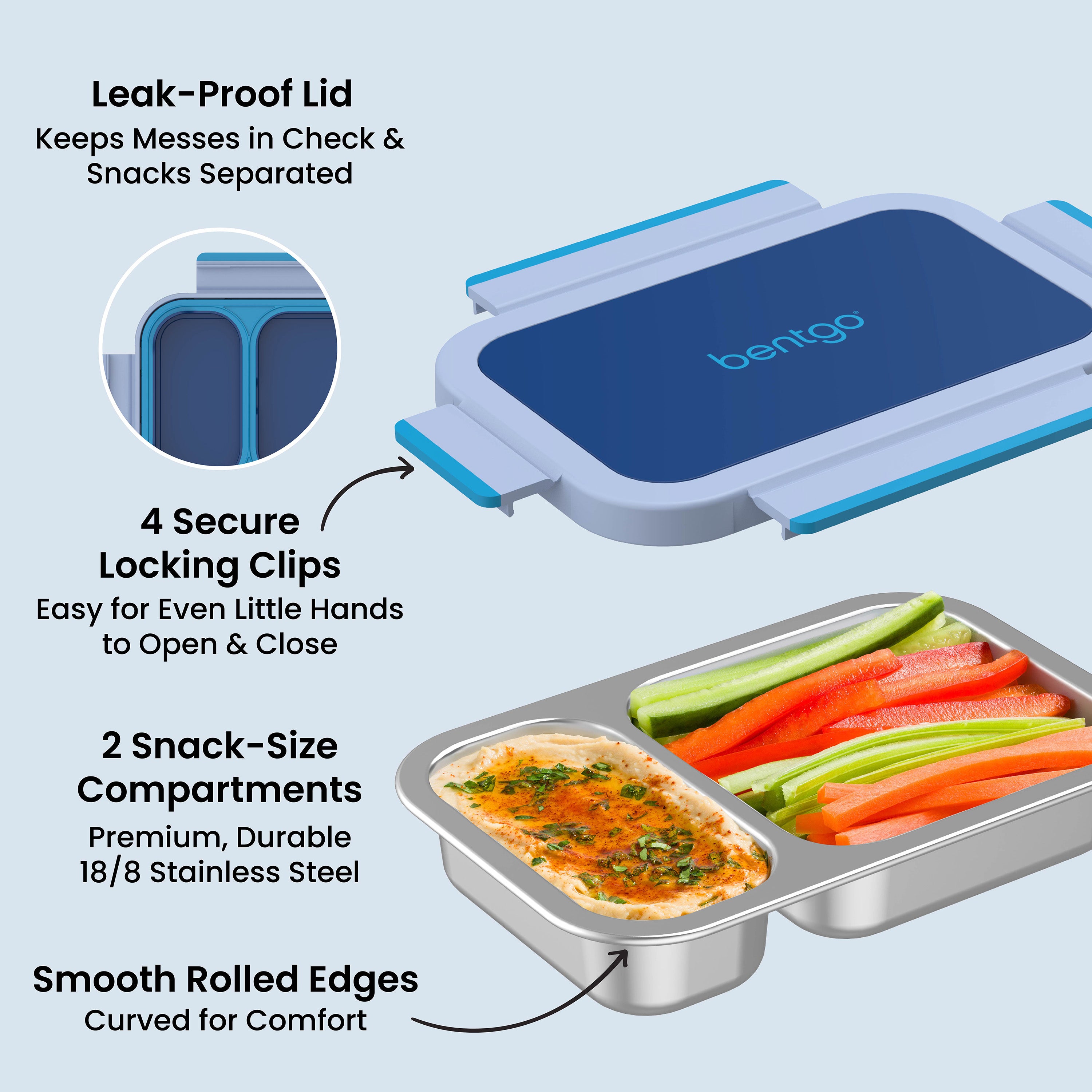 Bentgo Stainless Steel Snack Box - Navy Sky | Leak-Proof Lid - Keeps Messes In Check & Snacks Separated, 4 Secure Locking Clips - Easy For Even Little Hands To Open & Close, 2 Snack-Size Compartments - Premium, Durable 18/8 Stainless Steel, And Smooth Rolled Edges  - Curved For Comfort