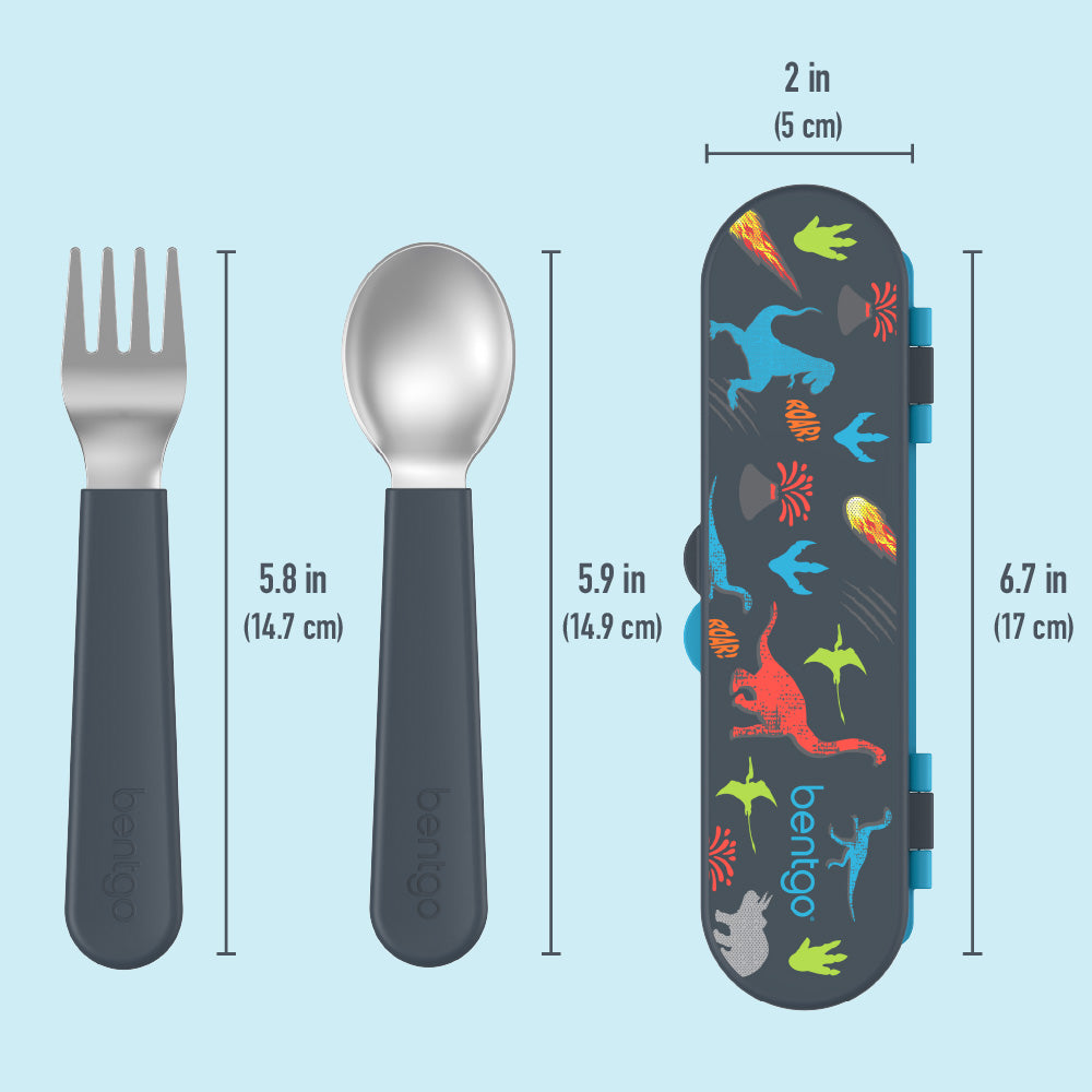 Bentgo® Kids Stainless Steel Lunch Set - Dinosaur | Stainless Steel Utensils Dimensions