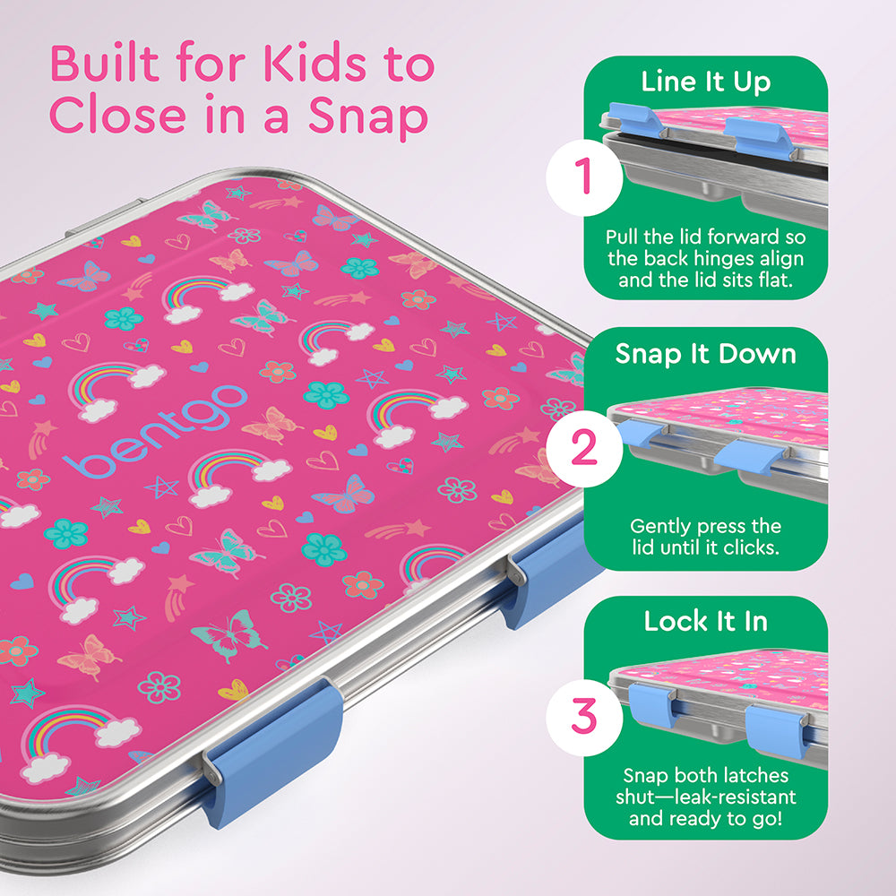 Bentgo® Kids Stainless Steel Prints Lunch Box  - Rainbows and Butterflies | Built for Kids to Close in a Snap | Line It Up, Snap It Down, and Lock It In
