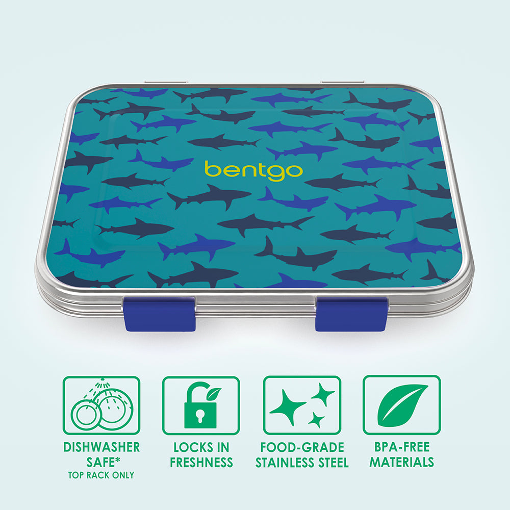 Bentgo® Kids Stainless Steel Prints Lunch Box  - Sharks | Dishwasher Safe (Top Rack Only), Locks In Freshness, Food-Grade Stainless Steel, And Made With BPA-Free Materials