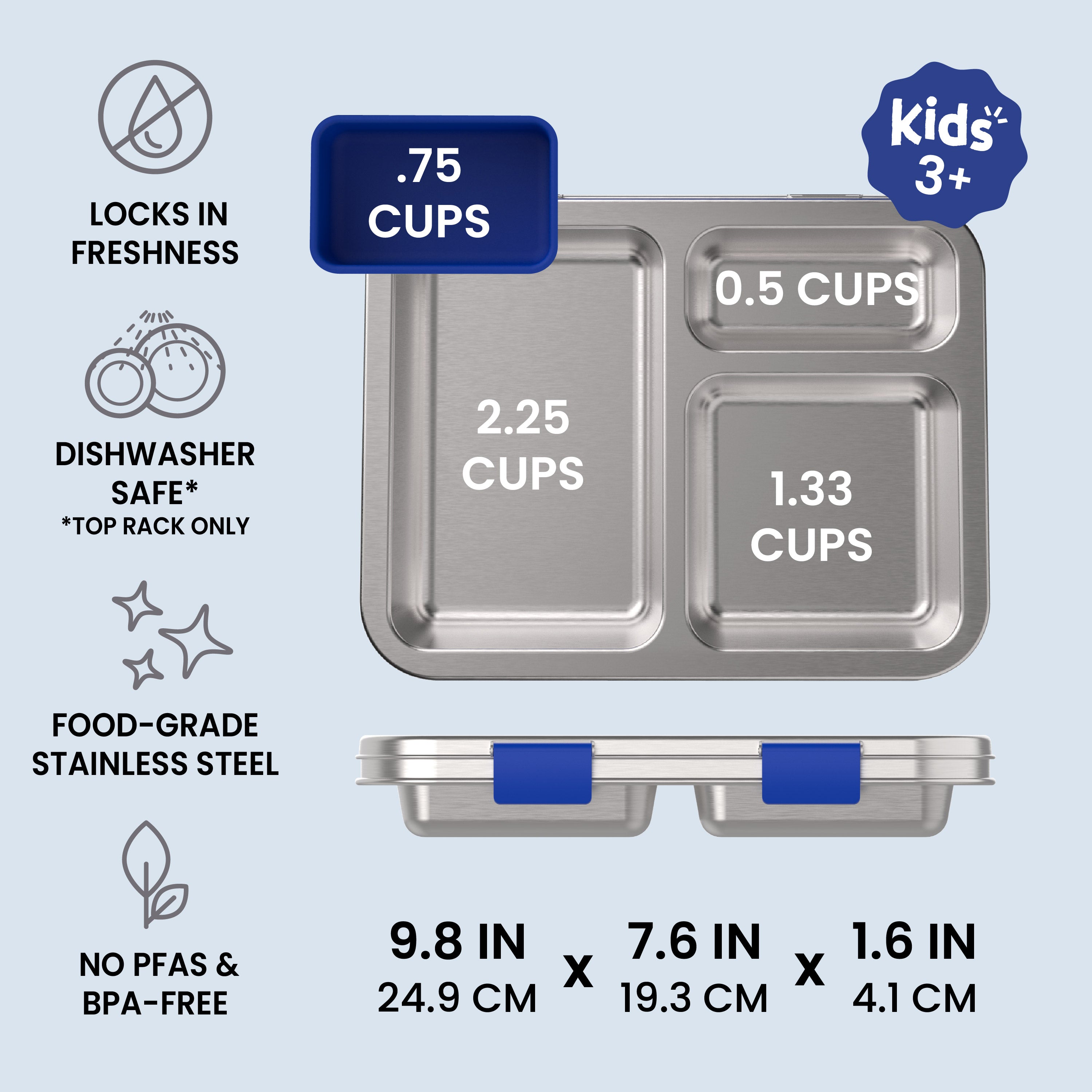 Bentgo® Kids Stainless Steel Prints Lunch Box  - Sharks | Locks In Freshness, Dishwasher Safe (Top Rack Only), Food-Grade Stainless Steel, and No PFAS & BPA-Free | Product Dimensions