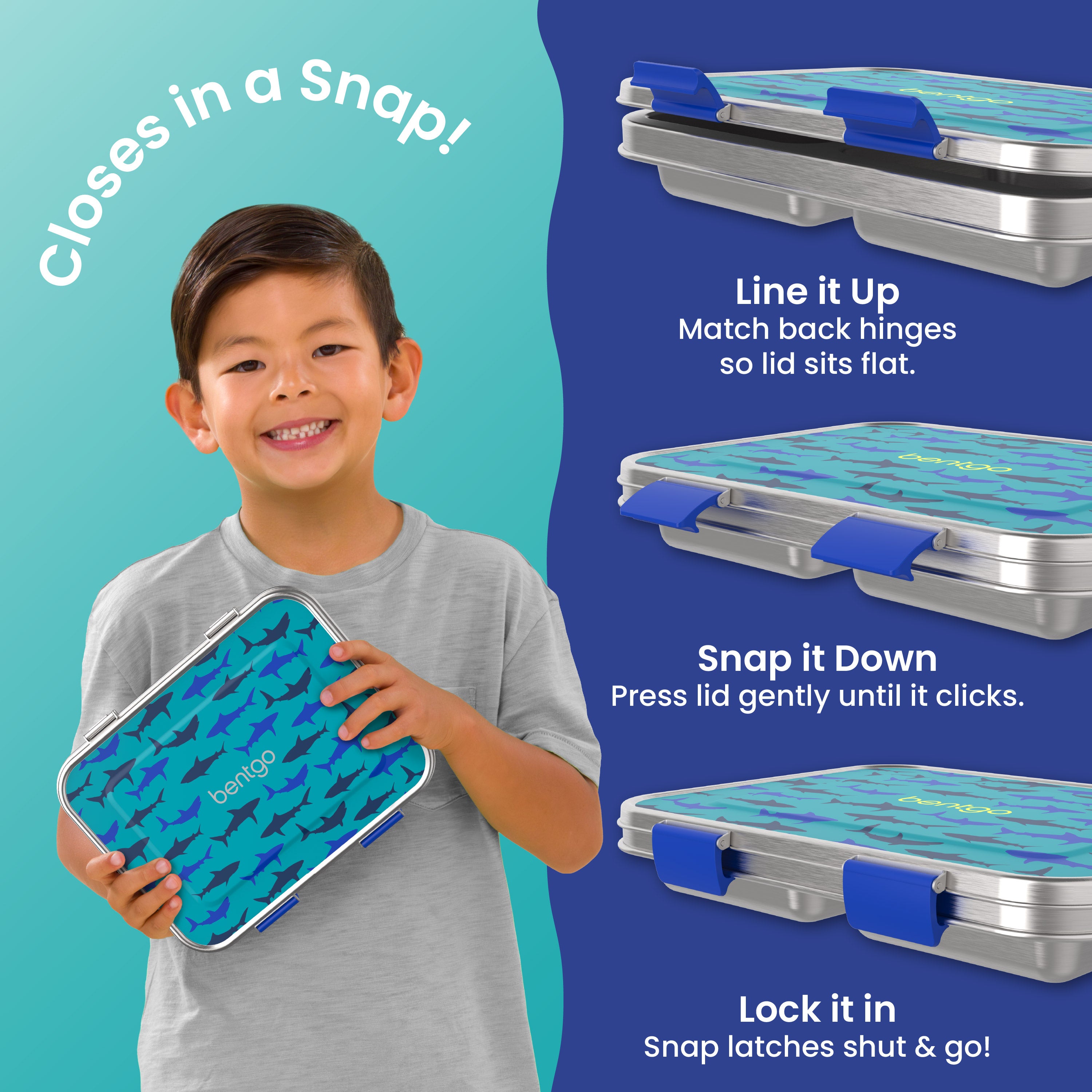 Bentgo® Kids Stainless Steel Prints Lunch Box  - Sharks | Closes in a Snap | Line It Up - Match Back Hinges So Lid Sits Flat, Snap It Down - Press Lid Gently Until It Clicks, Lock It In - Snap Latches Shut & Go