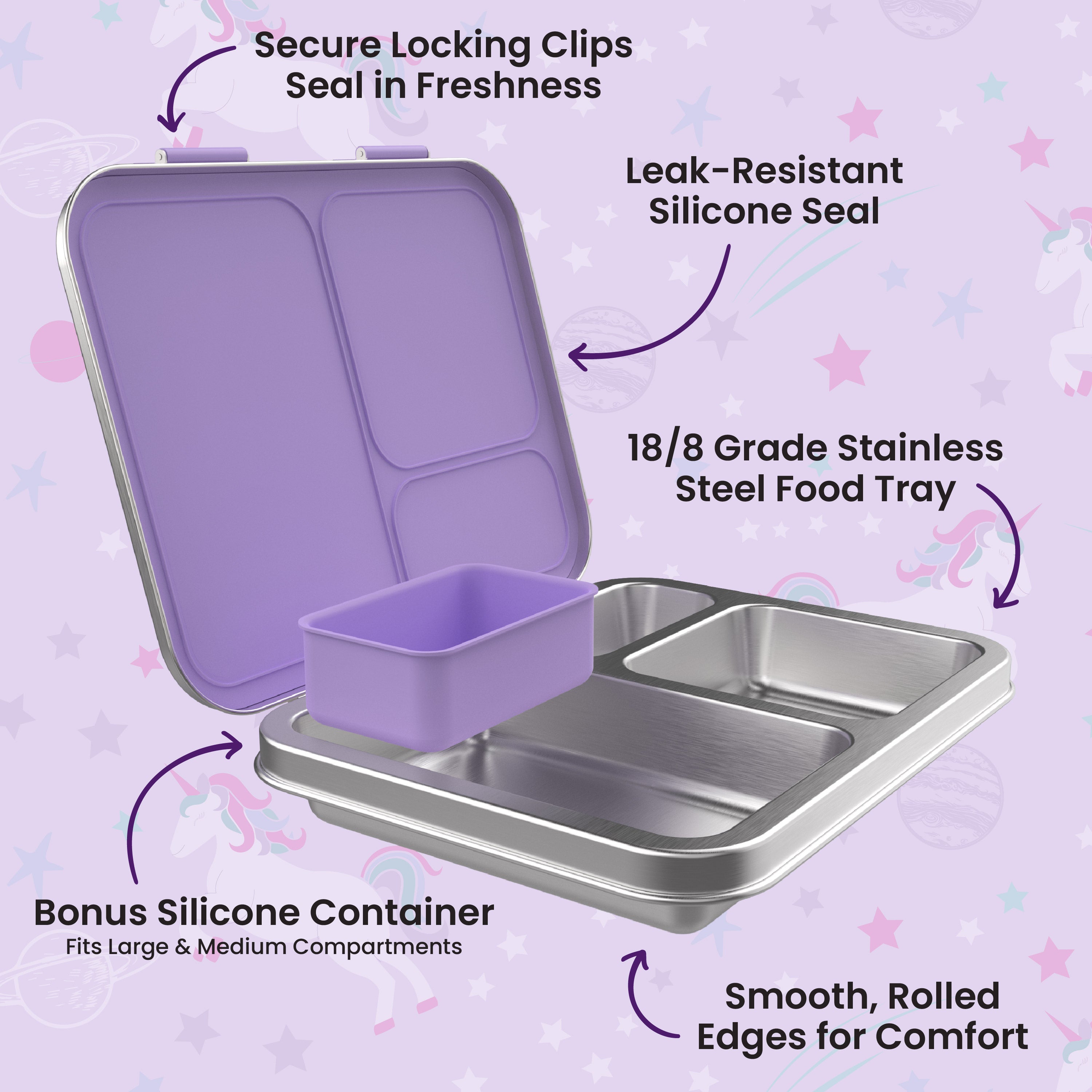 Bentgo® Kids Stainless Steel Prints Lunch Box  - Unicorn | Secure Locking Clips - Seals In Freshness, Leak-Resistant Silicone Seal, 18/8 Grade Stainless Steel Food Tray, Smooth Rolled Edges For Comfort, Bonus Silicone Container - Fits Large & Medium Compartments