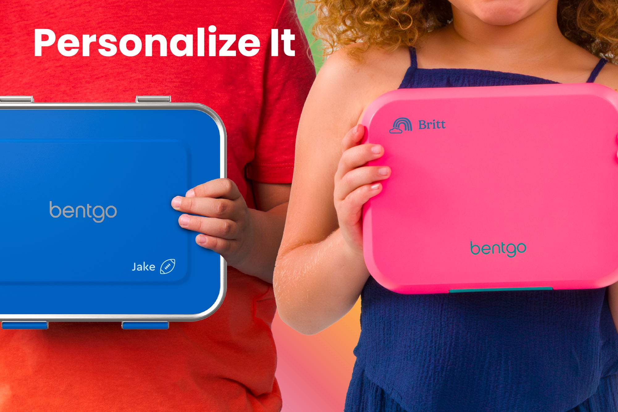 Two children holding Bentgo lunch boxes, one blue and one pink, with 'Personalize It' text above.