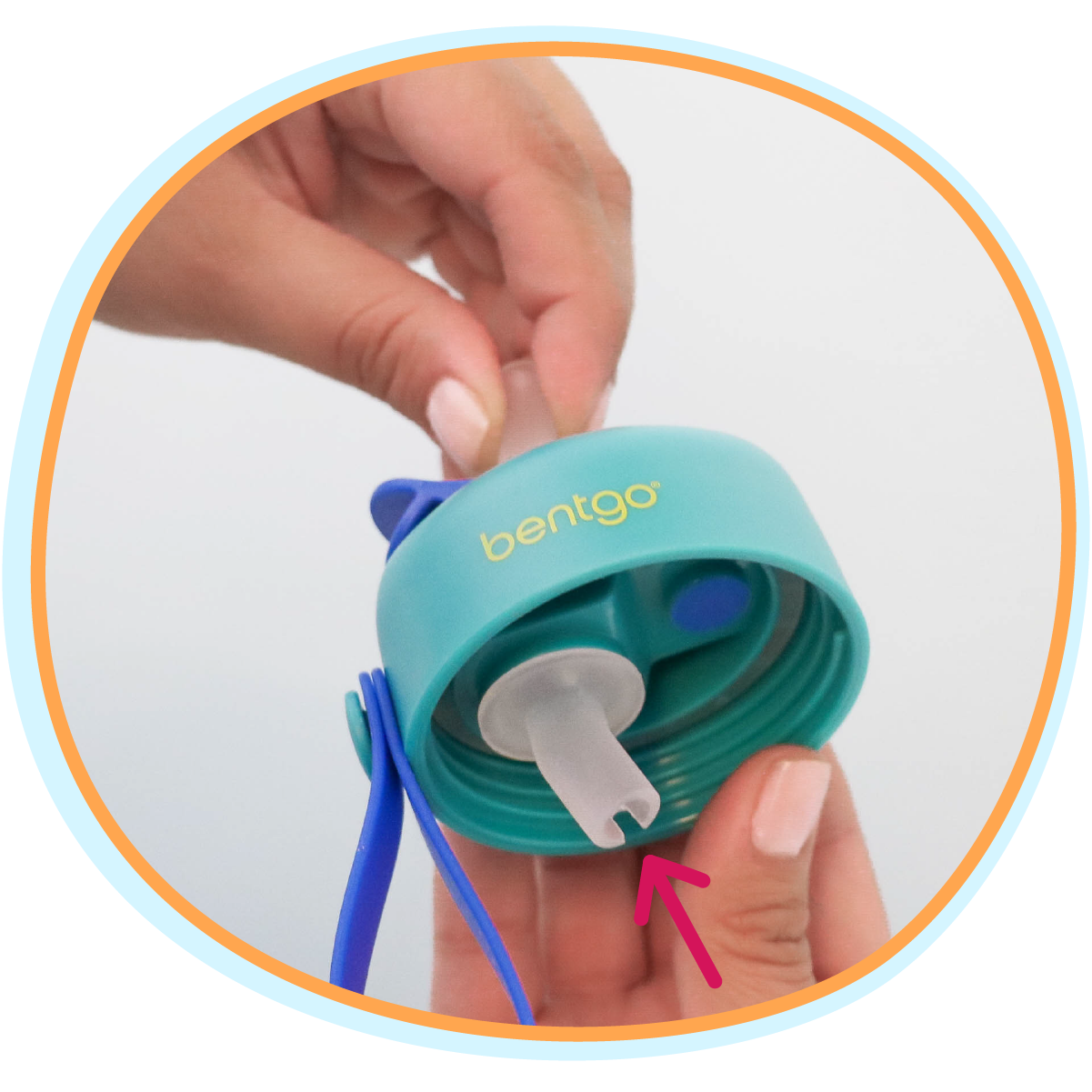 Teal lid with a white spout and blue accents, featuring the 'bentgo' brand, held by a hand.